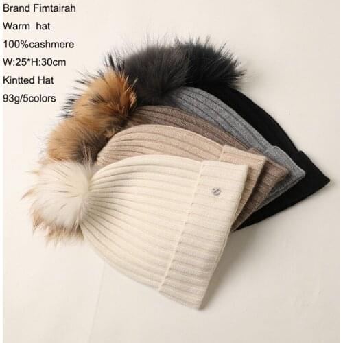 Real Knitted 100% Cashmere Hat Women Femme With Fur Ball New Autumn Korean Lady Fox Warm Soft Warm female hat cashmere