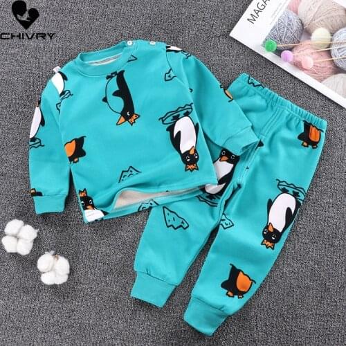 New 2020 Kids Boys Thicken Pajama Sets Cute Cartoon Print T-Shirt Tops with Pants Baby Girls Autumn Winter Warm Sleeping Clothes