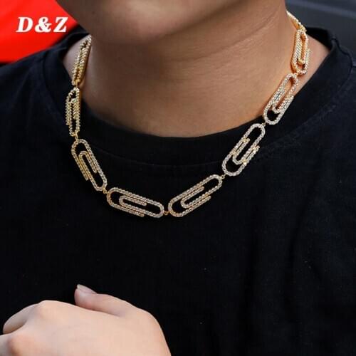 D&Z 12MM Quality Paperclip Chain Iced Out Necklace Mens Iced Out Bling CZ Charm Hip Hop Fashion Jewelry 18"