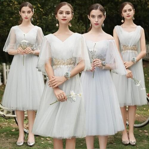 Bridesmaids Dresses Illusion Sleeveless V-Neck Beading Embroidery Sequined Lace Tulle Knee-Length Women Wedding Party Gown E336