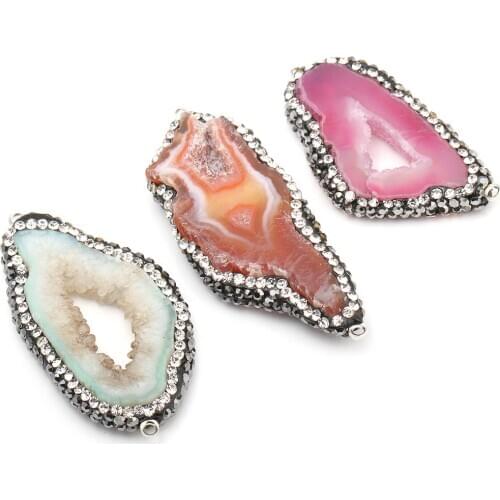 Natural Stone slice Agates Pendants with Crystal Necklace Pendant for Jewelry Making DIY Necklaces Accessorie 20x50mm-20x40mm