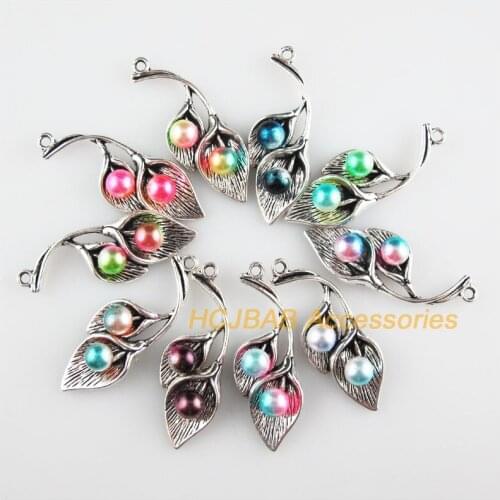 10 New Leaf Charms Mixed Acrylic Flower Pendants Tibetan Silver Tone 13x36mm
