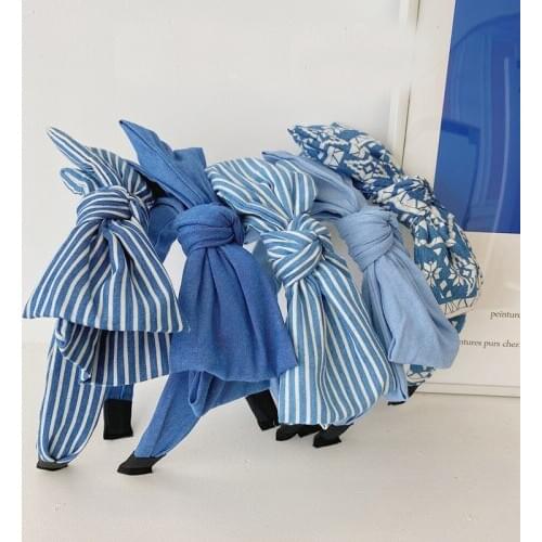Strip Blue Denim Bow Hairband Headband With Beads Pearl for Women Girls Hair Accessories