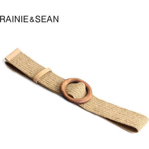 RAINIE SEAN Women Belt Bohemian Straw Braided Wide Belt for Women Wood Buckle Ladies Dress Belt Fashion Female Strap Accessories