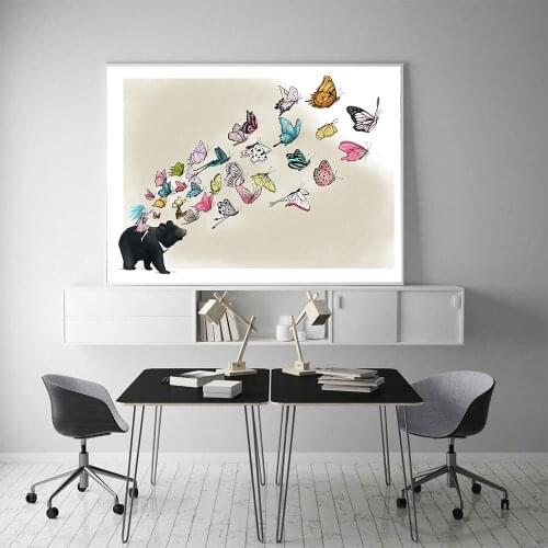 Nordic Poster Cartoon Animals Canvas Bear And Colorful Butterflies Painting Art Print Wall Picture Living Kids Room Home Decor