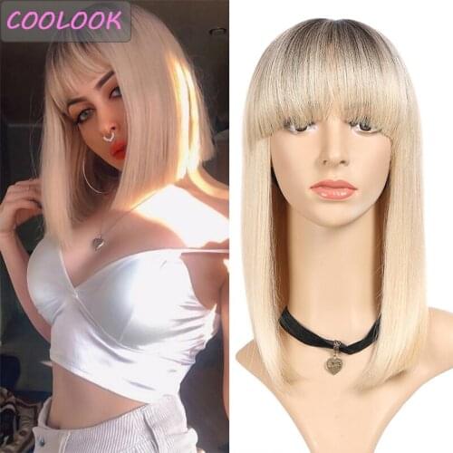 Light Blonde Straight Womens Wigs with Bangs 14 Inch Shoulder Length Blonde Wig Synthetic Heat Resistant False Hair Cosplay Wig