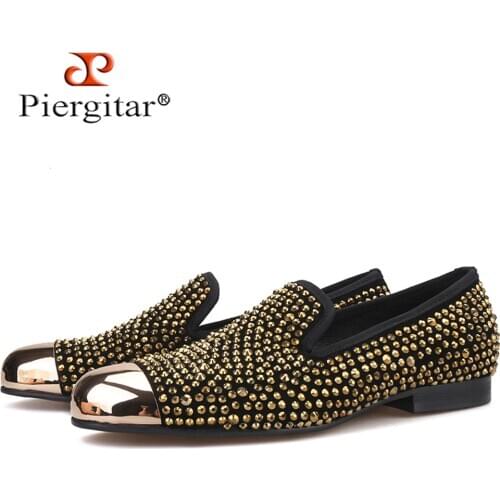 Piergitar gold metal toe and crystal men loafers handmade mens leather smoking slippers party and wedding men dress shoes