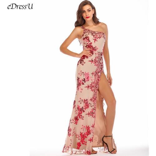 Sequins Embordery Evening Dress Sexy Mermaid Evening Party Dress One Shoulder Sliter Vestido de Fiesta Max Prom Dress YMK-21833