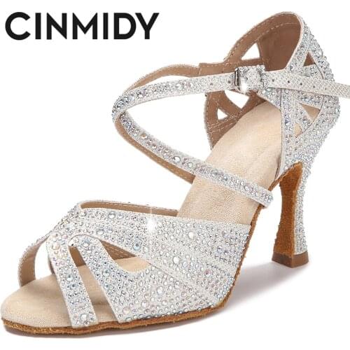 CINMIDY Rhinestone Latin Dance Shoes Tango Salsa Rumba Samba Ladies High Heels Soft Sole Women Sandals Wedding Shoes Women