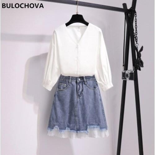 Womens Suit Clothes 2 Pieces Outfits Students V Neck Single-Breasted Half Sleeve Shirt Tops +High Waist Tassel Denim Skirt Sets