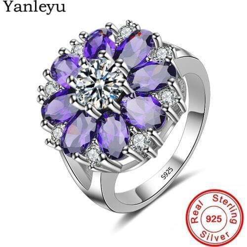 Yanleyu Big Flower Finger Rings for Women 100% 925 Sterling Silver Purple/Clear AAA Cubic Zircon Wedding Engagement Ring PR179