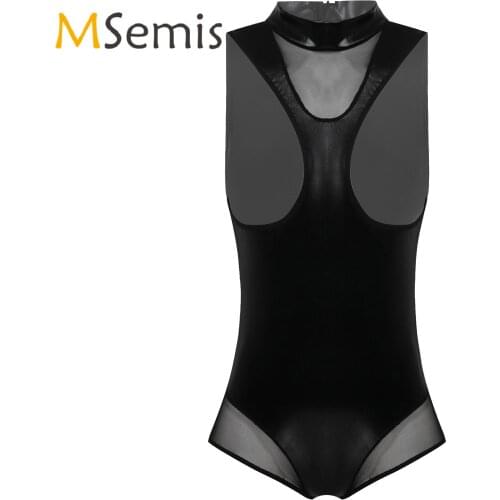Lingerie Breast Exposing Bodysuit Womens Sexy Mesh Patchwork Nightwear Sleepwear Patent Leather High Neck Open Front Bodysuit