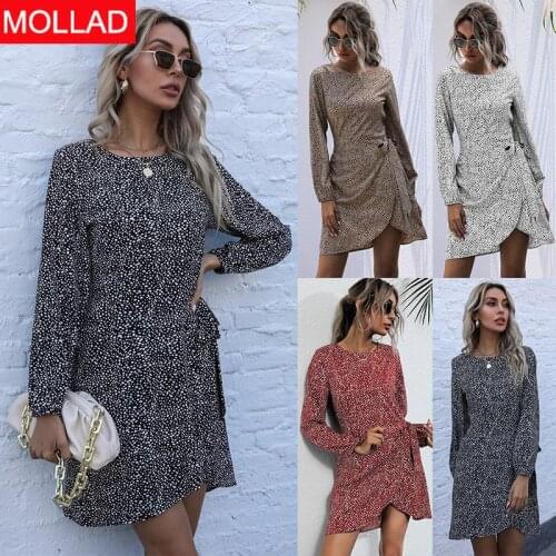Cross-Border 2021 Autumn European and American Long Sleeve Leopard Print round Neck Tied Irregular Dress Womens Clothing