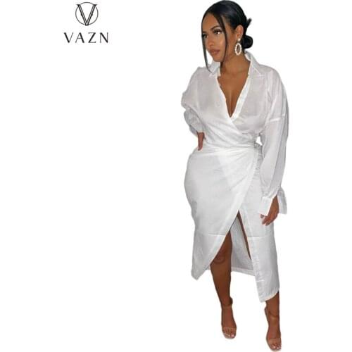VAZN 2021 Autumn White Asymmetrical Chiffon Spit Shirt Dress Daily Sexy Style Free Full Sleeve Women Midi Dress Vestido