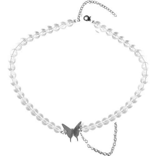 Stainless Steel Butterfly Choker Necklace Fashion Female Tide Cold Wind Transparent Cute Beaded Choker Chain Clavicle Necklace