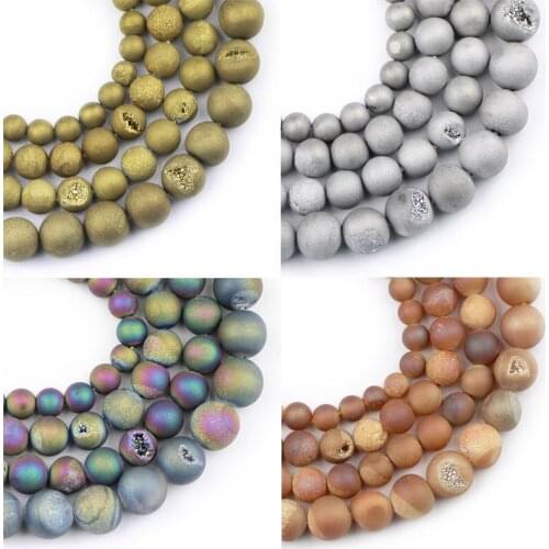 Natural Stone beads Matte Metallic Coated Druzy carnelian 6/8/10MM Round Spacer Loose Beads For Jewelry making Bracelet DIY