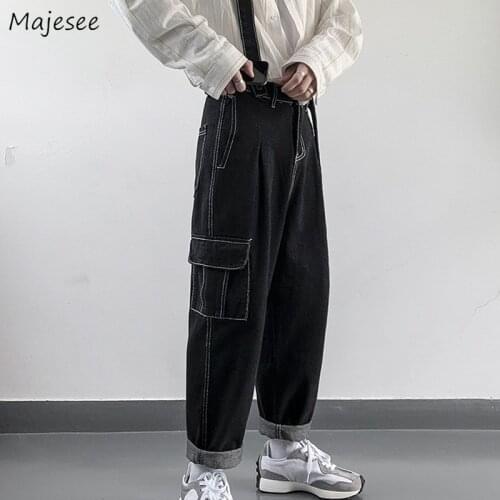 Men Cargo Jeans Baggy Solid Black Pockets Large Size S-3XL Soft Korean Style Streetwear All-match Daily Trendy Suspenders Retro