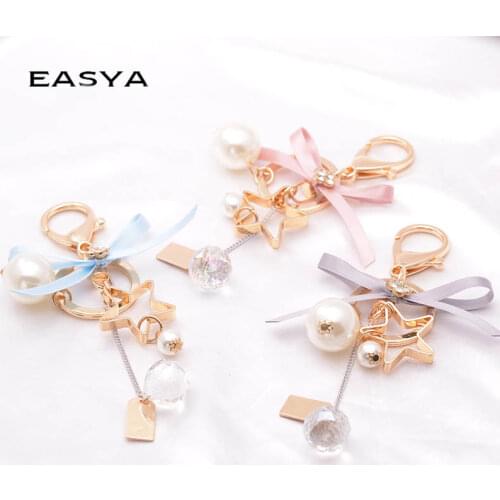 EASYA 3 Colors Bowknot Ribbon Keychain Simulated Pearl Hollow Out Star Chaveiro Key Ring Handbag Pendant Charm Car Key Holder
