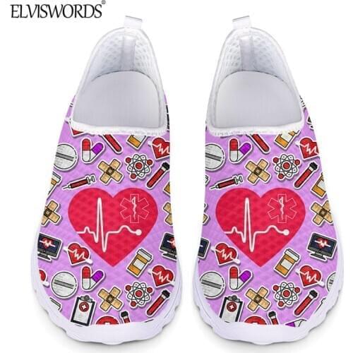 ELVISWORDS Summer Flat Shoes Women Cartoon Nurse Shoes EMT ECG Heart Print Casual Slip On Footwear Air Mesh Sneaker For Female