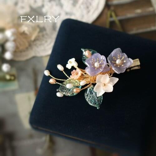 FXLRY New Design Handmade Natural Pearl Shell Leaf Immortal Flower Summer Bangs Clip Side Clip Side Clip Headdress