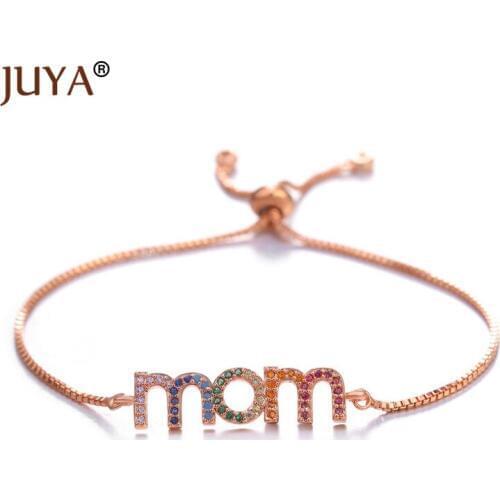 Juya 2019 Design Color Cubic Zirconia Mom Bracelets For Women Gift Gold Black Chain Adjustable Mama Bracelets Bangles