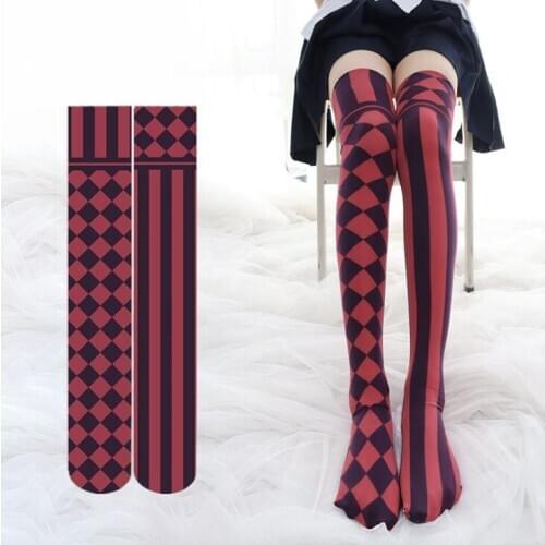 Red x Black Diamond Checks x Striped Punk Style Over-knee Stockings Velvet Women Girls Harajuku