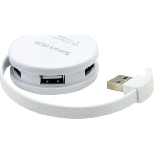 Round Shape 4 Ports Smart Hub With Battery Charging BC 1.2 Built-in Wrap-Aound Cable White