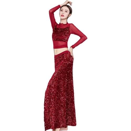 Top Sellers India Belly Dance Costume Woman Red Sequin High Split Skirt With Safety Pants Girls Long Sleeved Top Dancing Suit