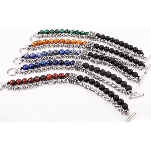 2020 New Design Men Bracelet Stainless Steel Chain Vintage Natural Stone Bracelet Men Jewelry Gift