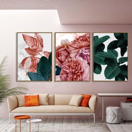 Nordic Modern Abstract Pink Flowers Green Plants Leaves 5D DIY Poured Glue Diamond Painting Kits Scalloped Edge Decor Wall Art