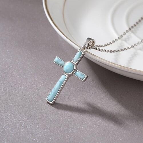 Crucifix Cross Religious Saint Plated Gold 925 Sterling Silver Dominica Larimar Pendant Necklace Natural Precious Jewelry Gifts