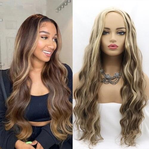 Brown Synthetic Full Machine Made Curly Blonde Water Wave Mixed Ombre Non Lace Front Wigs For Black Women Hair Replacement