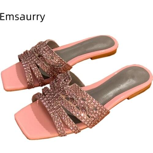 New Design 2021 Square Open Toe Slippers Women Flat Heel Fretwork Jeweled Rhinestone Summer Mules For Girls