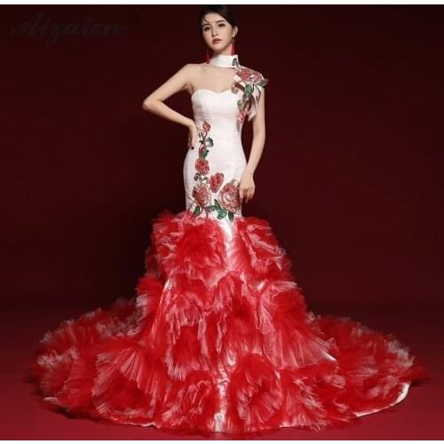 Fashion Show Host Evening Gown Cheongsam Modern Red Long Tailing Oriental Style Dresses Women Traditional Chinese Dress Elegant