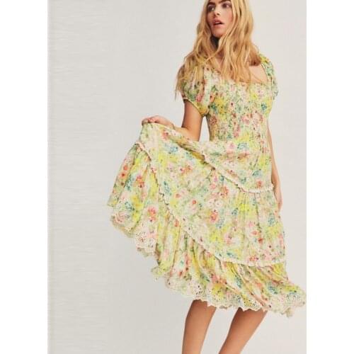 2021 Holiday Elastic Midi Dress Summer Femme Short Sleeve Square Collar A-line Floral Dress Printing Vestido De Mujer Boho Dress