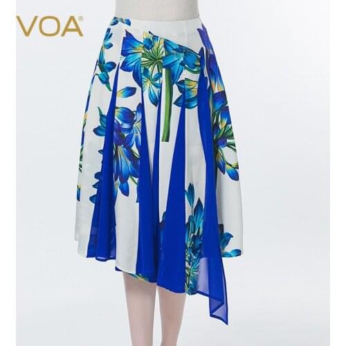 VOA30 Mm Silk Print Heavy Crepe White Background Blue Flower Natural Waist Georgette Bump Stitching A Version Slim Skirt CE100