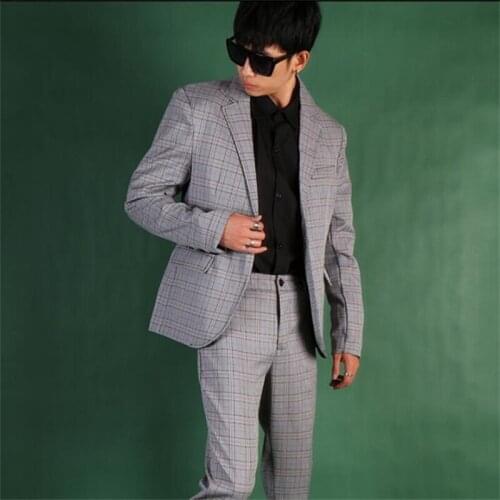 Gray plaid blazer men suit set with pants england mens suits costume singer star style dance stage clothing formal dress b644