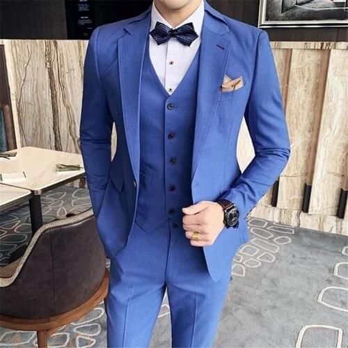Handsome Blue Formal Notch Lapel Slim Fit Men Suits 3 Pcs Wedding Groom Prom Terno Masculino Prom Blazers Jacket+Pant+Vest