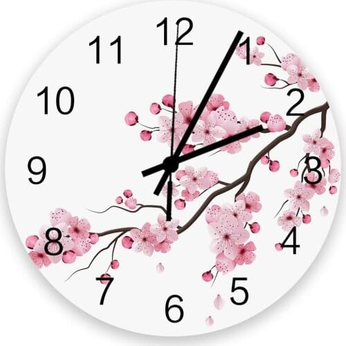 Japanese Pink Flower Cherry Blossom White Wall Clock Wooden Modern Design Digital Clocks Home Living Room Wall Watch Decoration