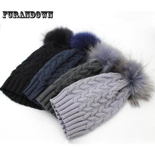 2019 New Winter Beanie Fur Pompom Hat For Women Wool Knitted Skullies & Beanies Dyed Real Fur Pom pom Caps