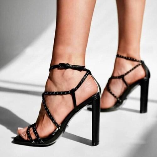 New Summer Sexy Rivets High-Heeled Sandals Women Thick High Heels Shoes Women Fashion Strap Cross Shoes Ladies Party Sandalias