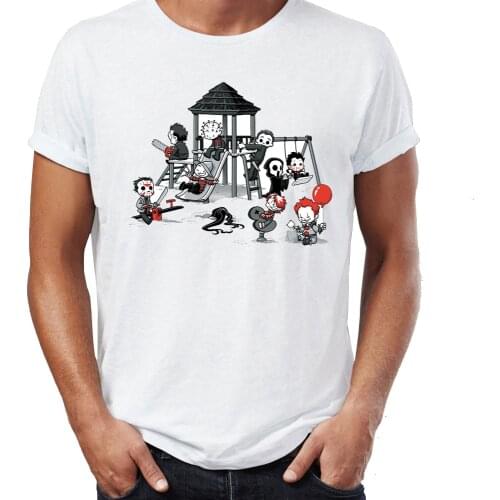 Casual Mens t-shirt Maniac Park Horror Movie Theme Park Jason Clown Saw Halloween Funny Artsy Tshirt Tees Harajuku Streetwear