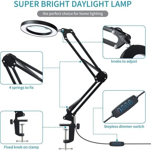 Foldable LED Magnifying Lamp with Clamp 10 Levels Dimmable, 3 Color Modes, Adjustable Metal Swivel Arm Lighted Magnifier Light