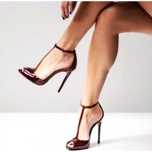Peep Toe T Strap Pumps Burgundy High Heel Stiletto Ankle Strap Cut Out Solid Dress Ladies Shoes Cover Heel Custom Made Sandals