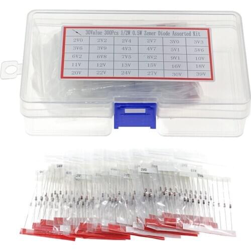 Boxed 300pcs 30 kinds of 1/2W Zener diode (2V-39V) straight plug 0.5 watt glass voltage regulator tube package