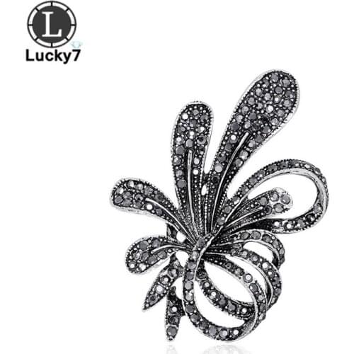 Vintage Black Ancient Silver Full Diamond Brooch Bowknot Flower Brooch Fashion Clothing Accessories Corsage Butterfly Pin