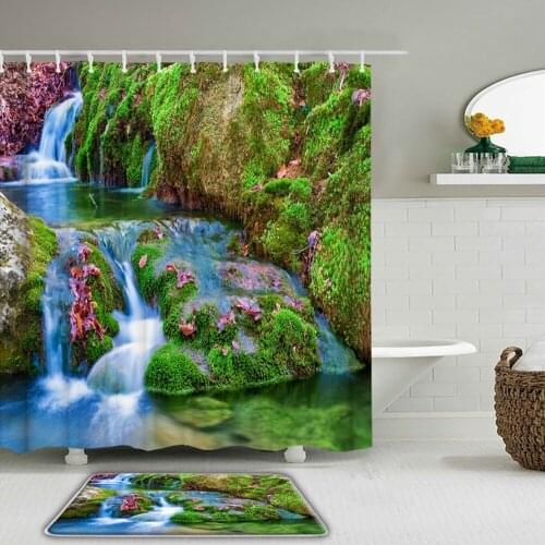 3D Natural Scenery Waterfall Forest Fabric Waterproof Shower Curtain Bathroom Curtains Set Non-Slip Toilet Rug and Bath Mat