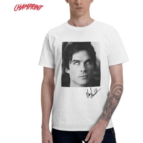 Ian Somerhalder The Vampire Diaries Damon T-Shirt Men Funny Pure Cotton Tees Crew Neck Short Sleeve T Shirts Big Size Tops