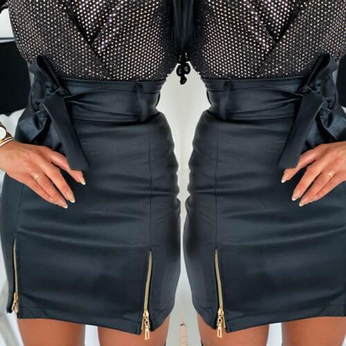 Fashion Women Sexy PU Leather Skirts Office Solid Color High Waist Stretch Bodycon Slim Pencil Skirt Short Mini Skirts With Belt