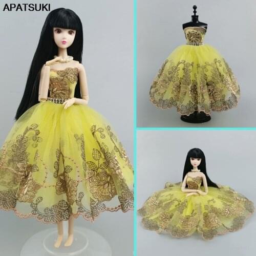 Yellow Floral Fashion Ballet Dress For Barbie Doll Outfits 1/6 Dolls Accessories Rhinestone Clothes 3-layer Skirt Party Gown Toy